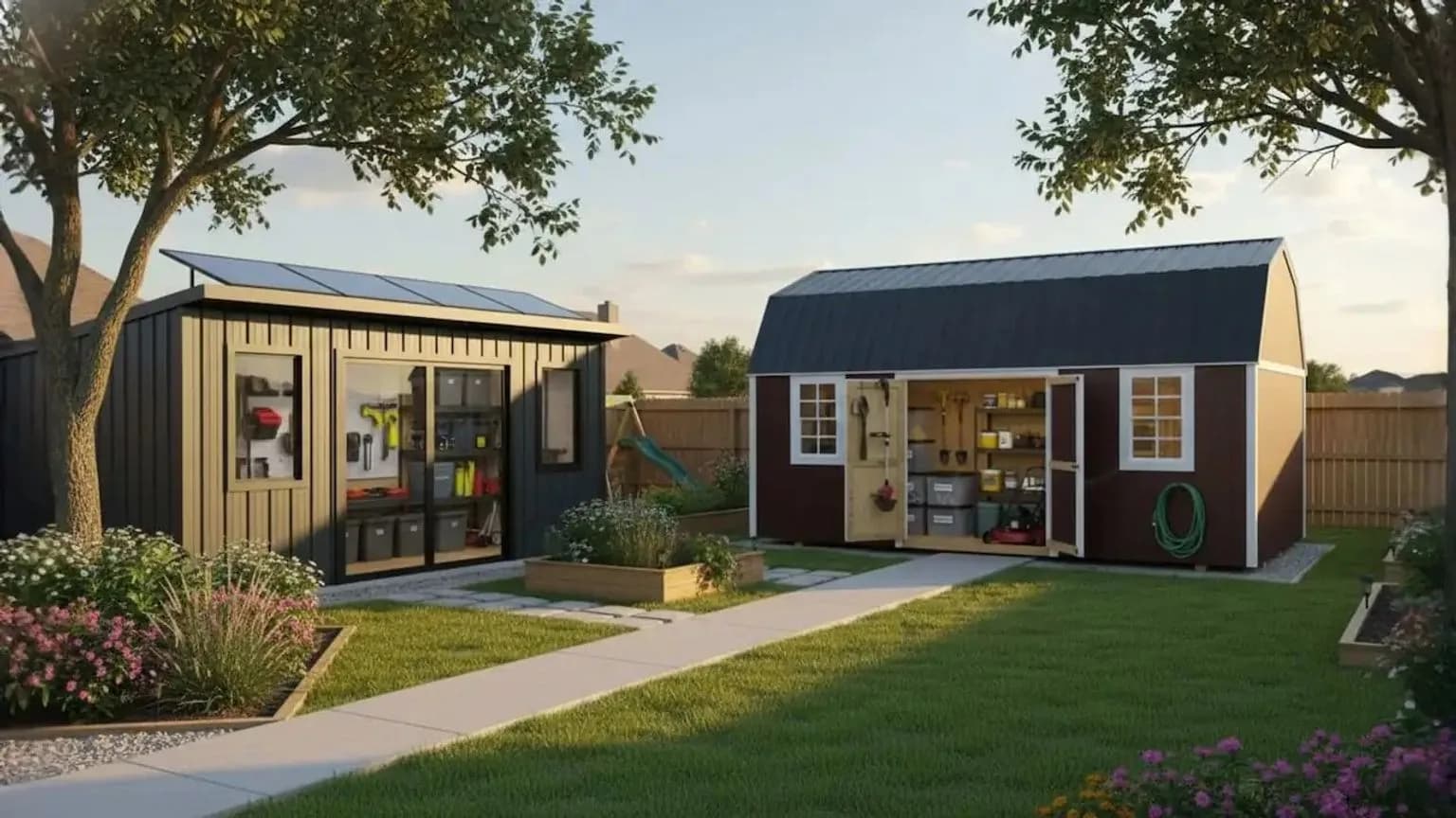 Portable storage sheds on display at North Texas Shed & Steel