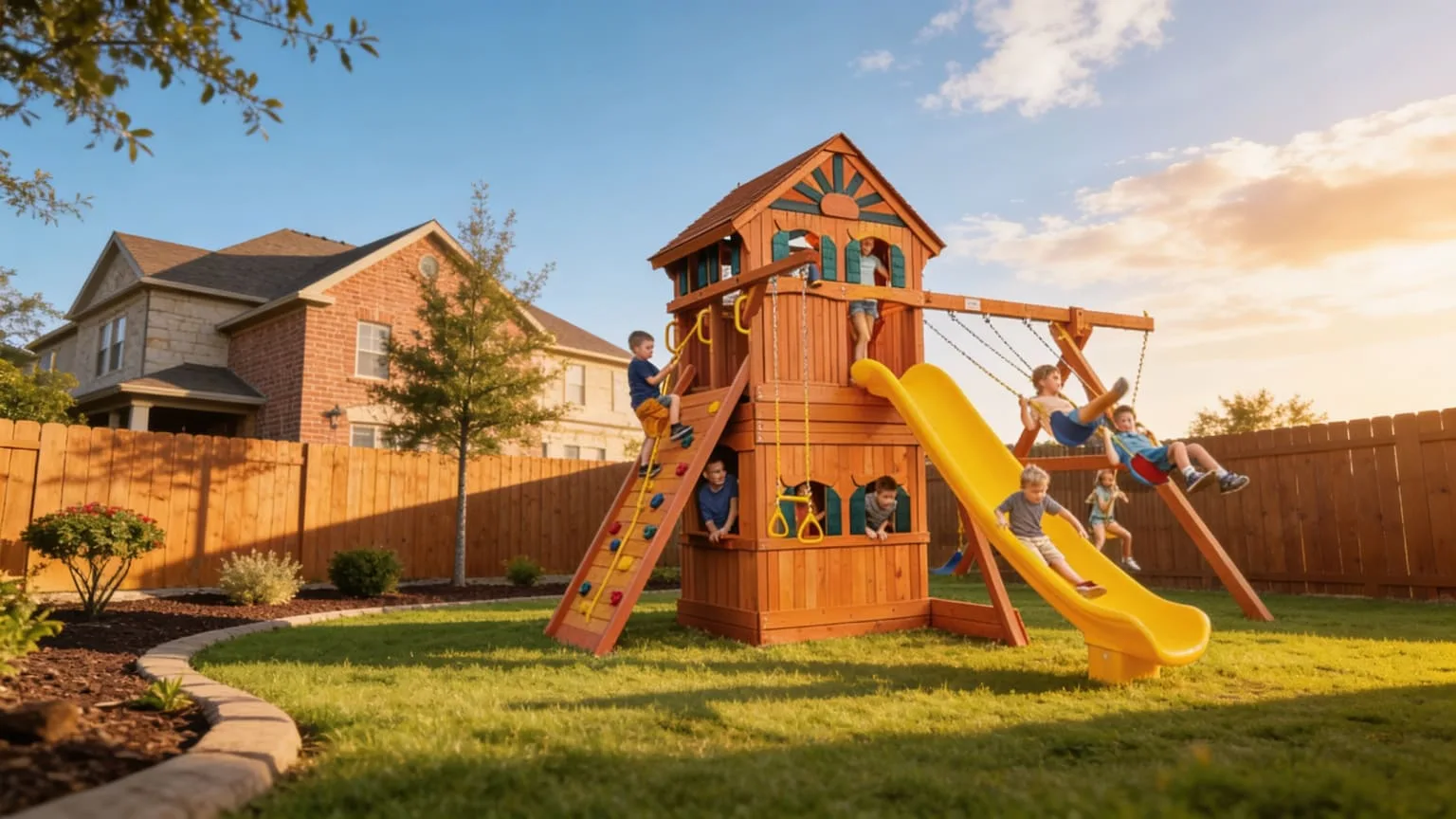 Cedar playset and swing set in a North Texas backyard