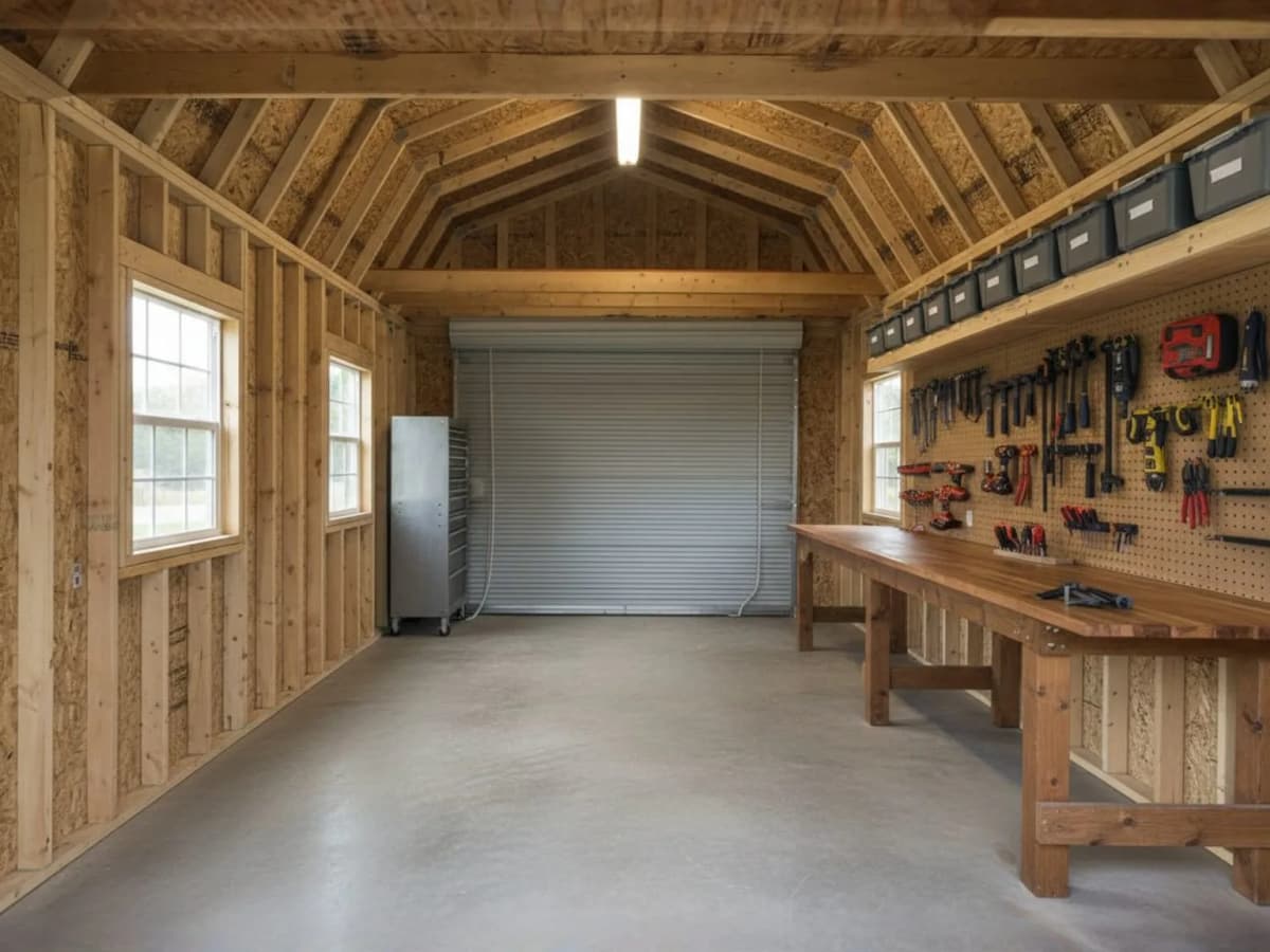 Workshop shed interior with workbench