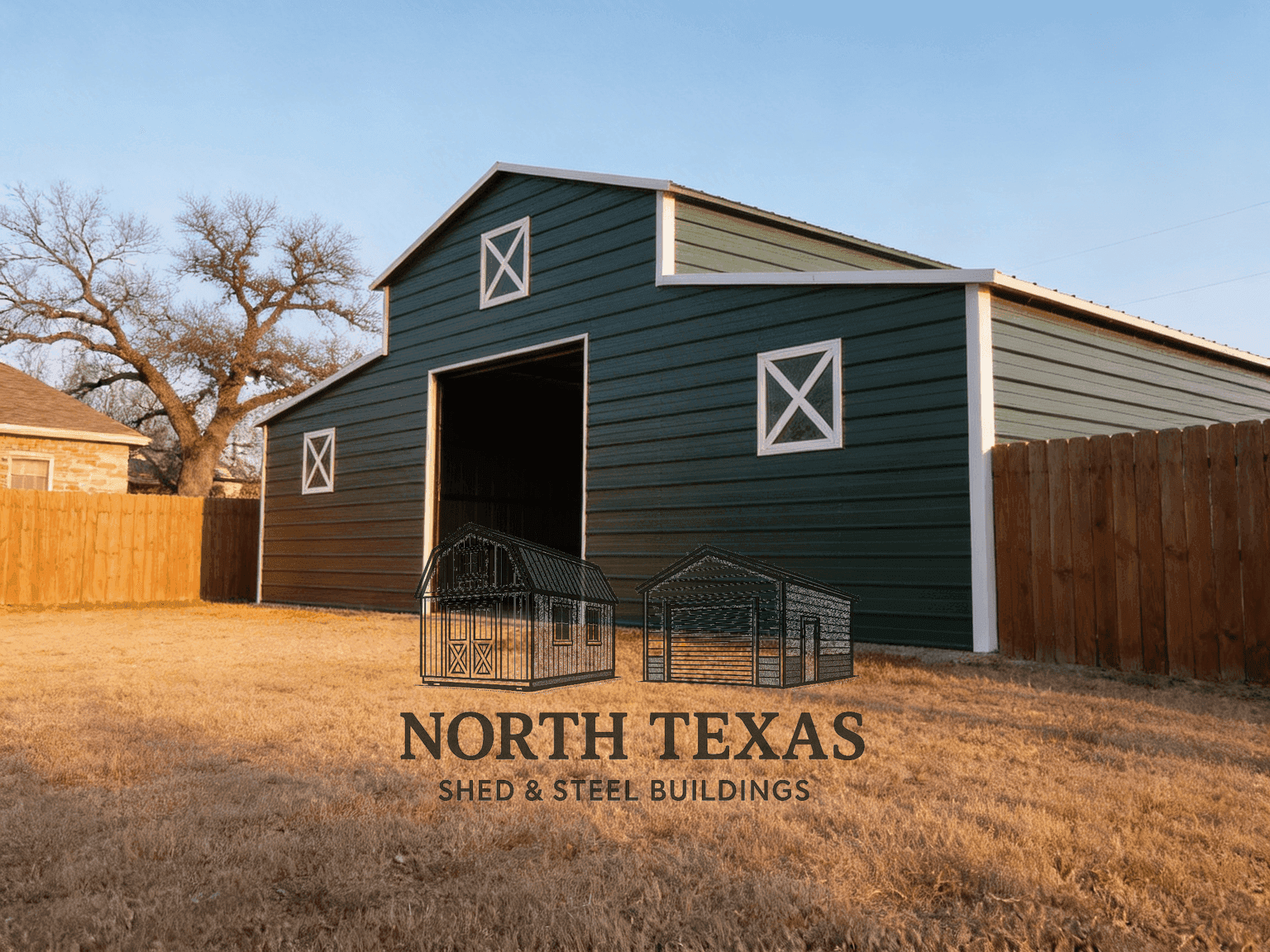 Green and White Steel Barn with Windows