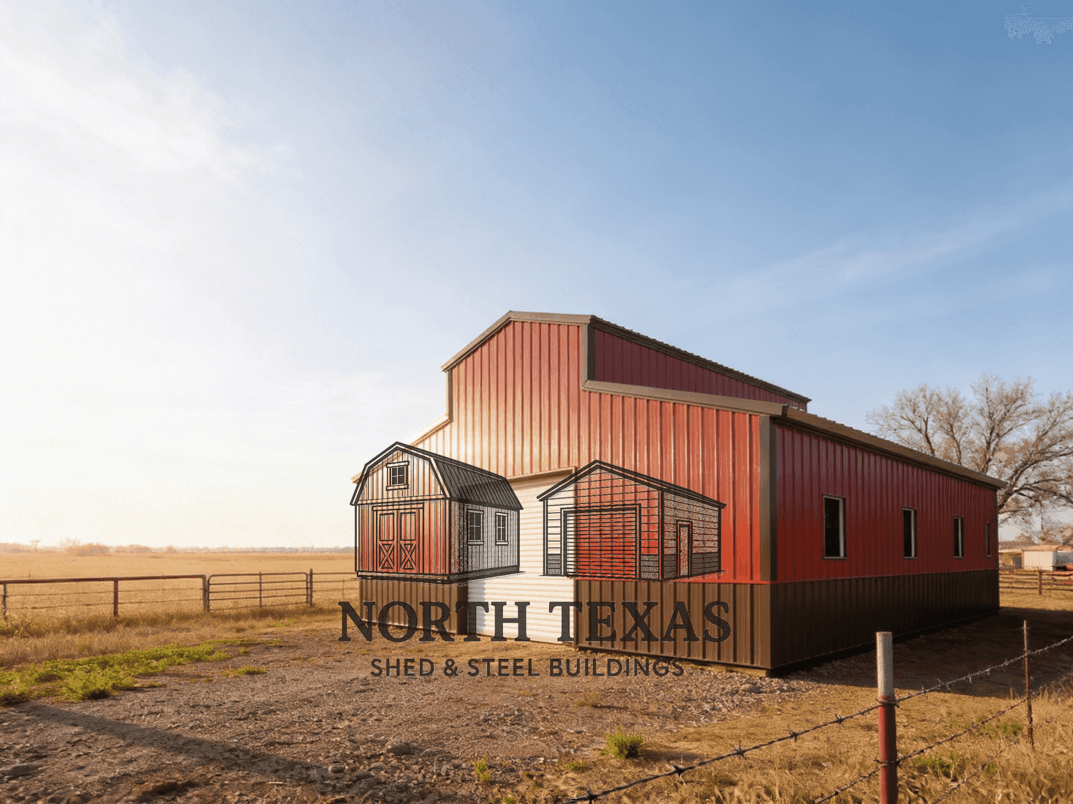 Red and Brown Steel Barn with Windows