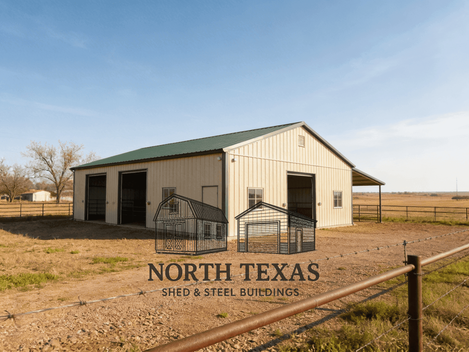 Tan and Green Steel Barn with Rollup Doors