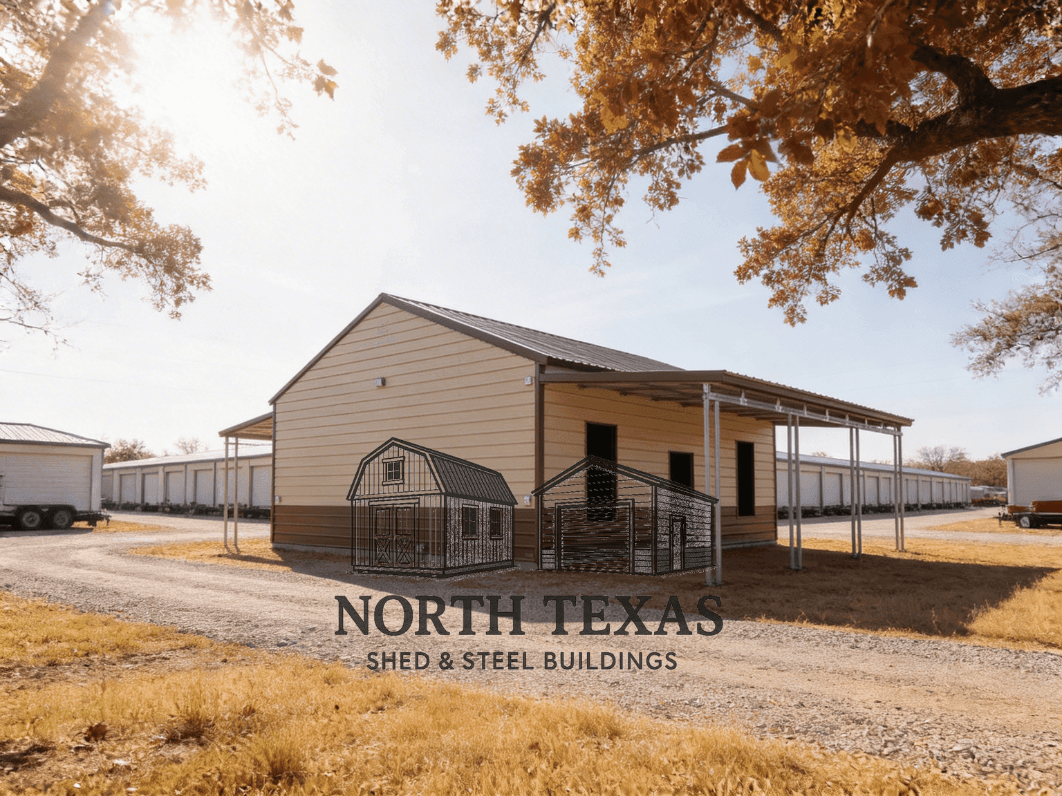Tan and Brown Garage with Porch Lean-To
