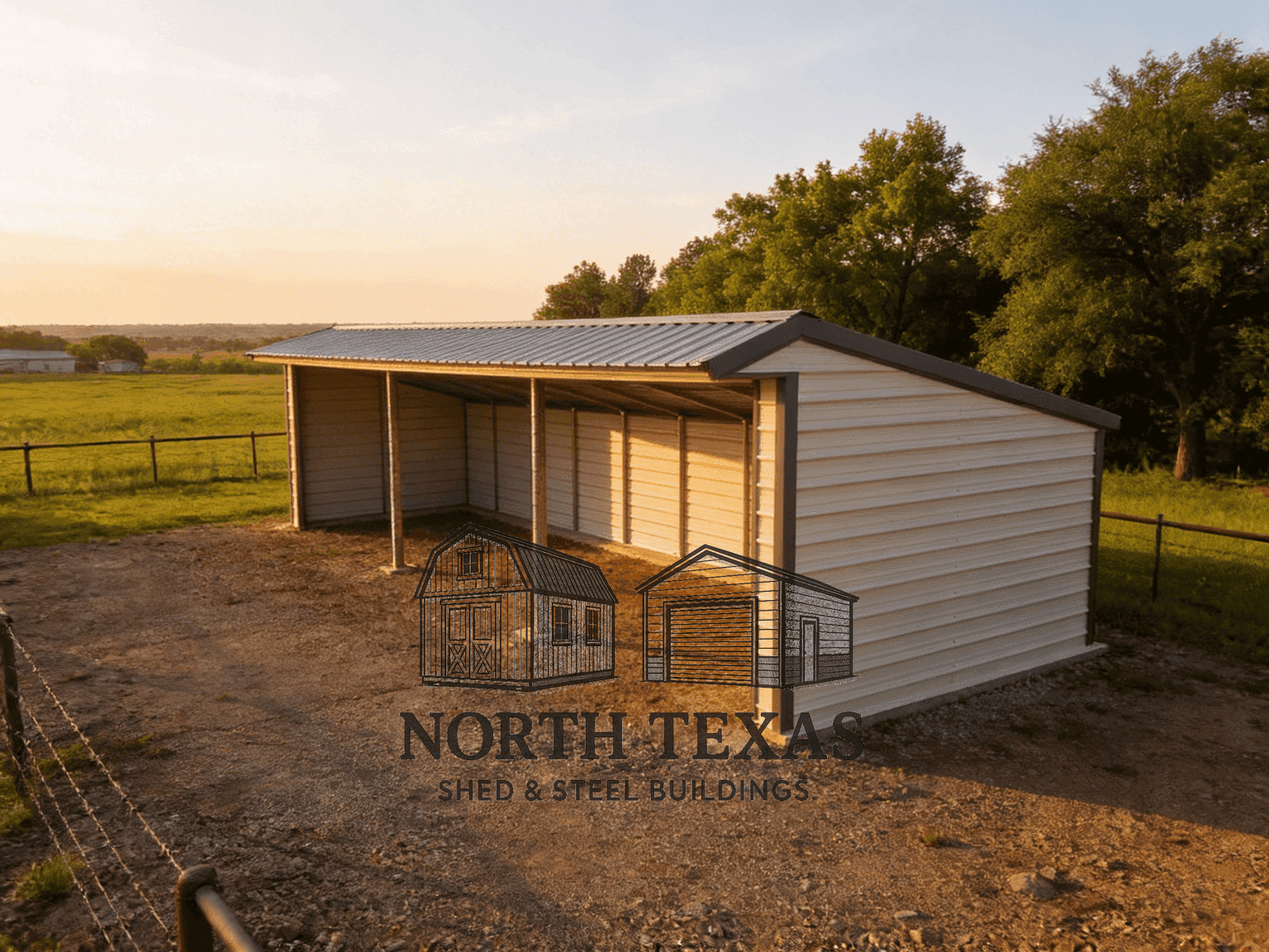 White and Tan Open Lean-To Loafing Shed