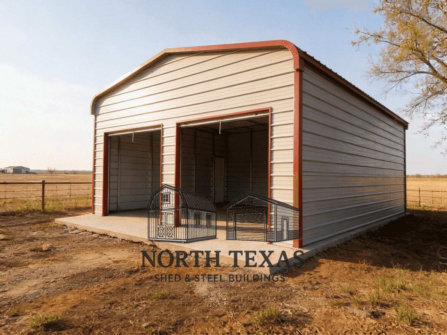 24x30x10 Tan and Red Garage with Rollup Door