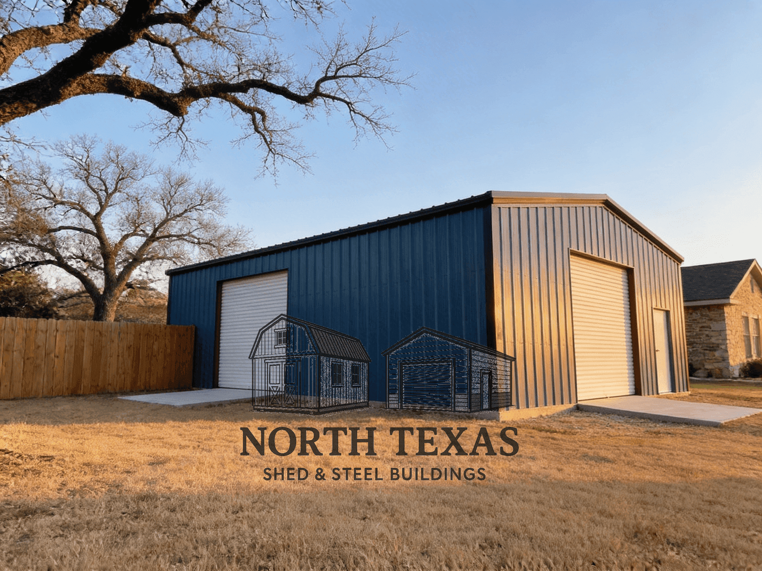 40x60x14 Blue and White Garage with Rollup Door