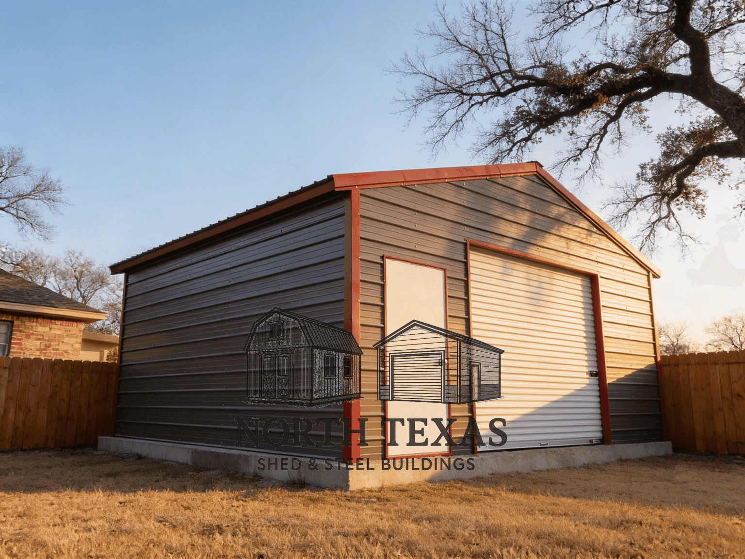 Gray and Red Garage with Rollup Door