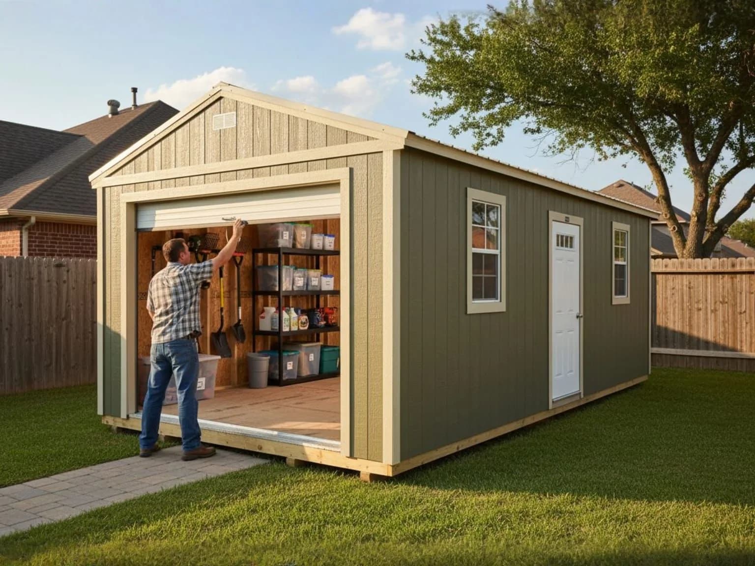 Homeowner opening the doors of their new portable shed
