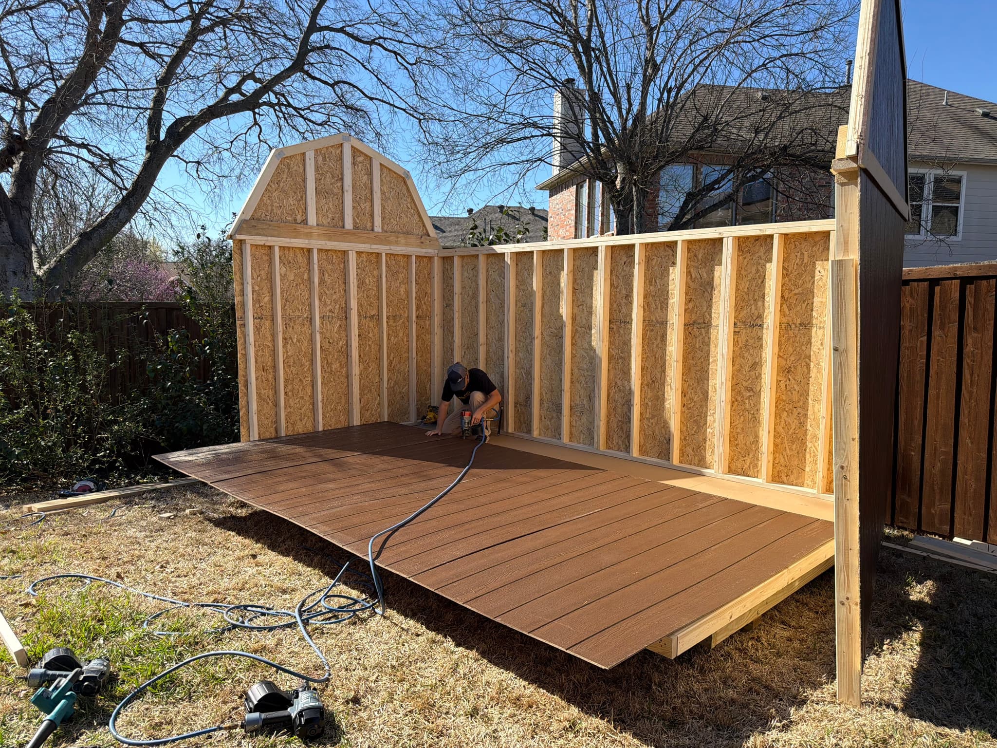 Shed walls fully framed and one gable end skinned with siding in a Denton backyard.